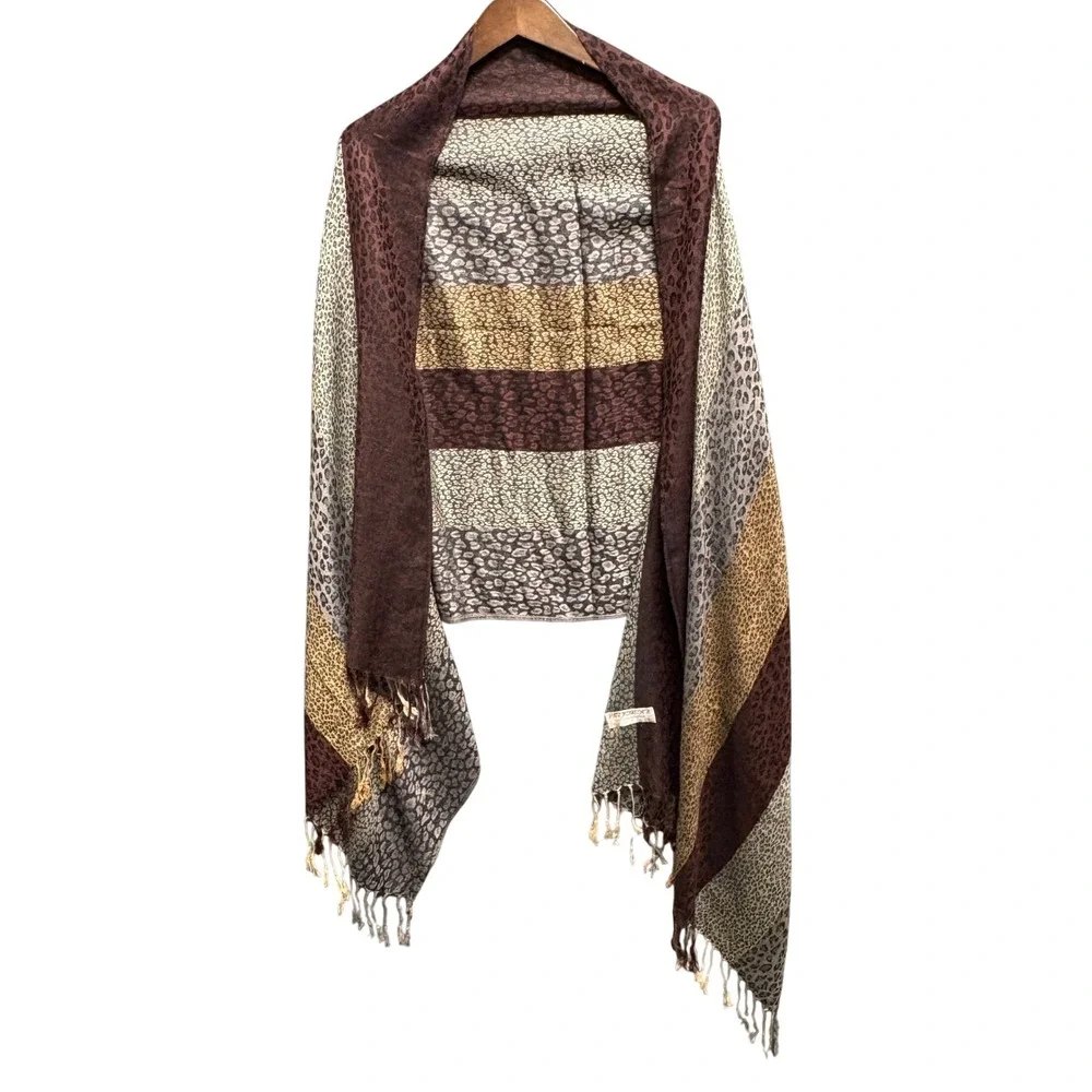 Pashmina‎ Cahmere Animal Print Stripe Wrap Scarf One Size Brown Tassel Fringe